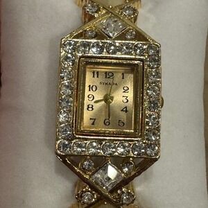 Strada Gold Tone Crystal Bezel Rectangle Face‎ Women's Fashion Watch Cuff Styloe